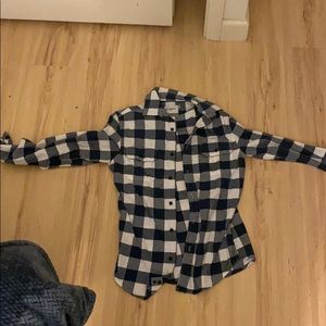 Blue and white striped buttoned flannel